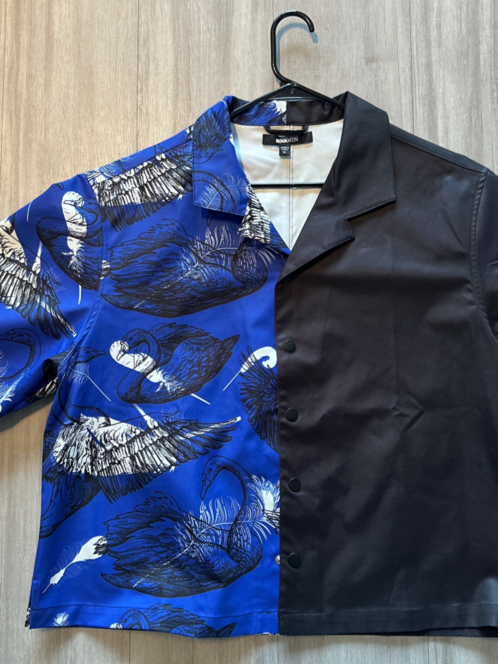 Two-Tone Blue & Black Button Shirt with Swan Print (XL)